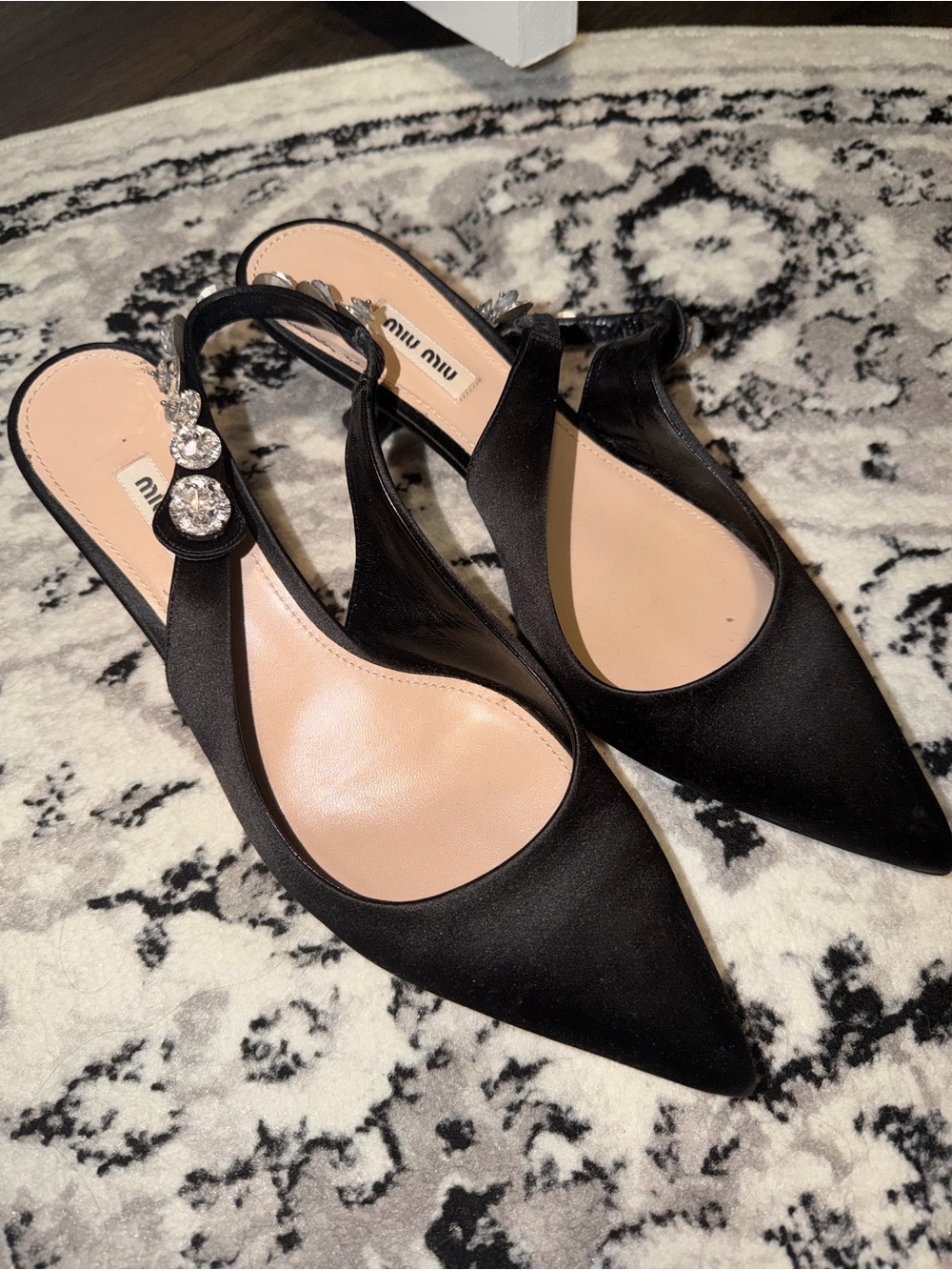 Miu Miu Black Satin Pointed Slingback Flats with Crystal Embellishment
